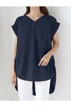 Solid Ruched Short Sleeve V Neck Casual Blouse