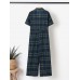 Plaid Print Button Pocket Short Sleeve Wide Leg Jumpsuit