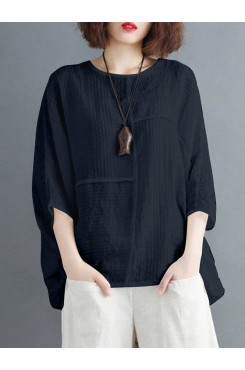 Solid Round Neck Bat Sleeve Casual Blouse