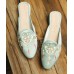 Comfy Light Green Embroideried Pearl Cotton Fabric Slide Sandals