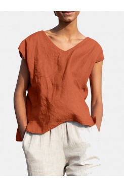 Solid Pocket Slit V  neck Short Sleeve Casual Blouse