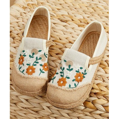 Beige Embroideried Linen Fabric Flats