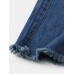 Women Distressed Solid Color Elastic Waist Loose Denim Skirt With Pocket