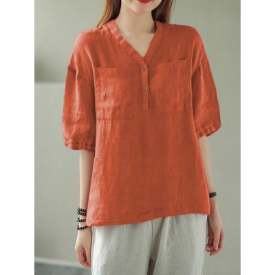 Solid Button Pocket V Neck Half Sleeve Casual Cotton Blouse